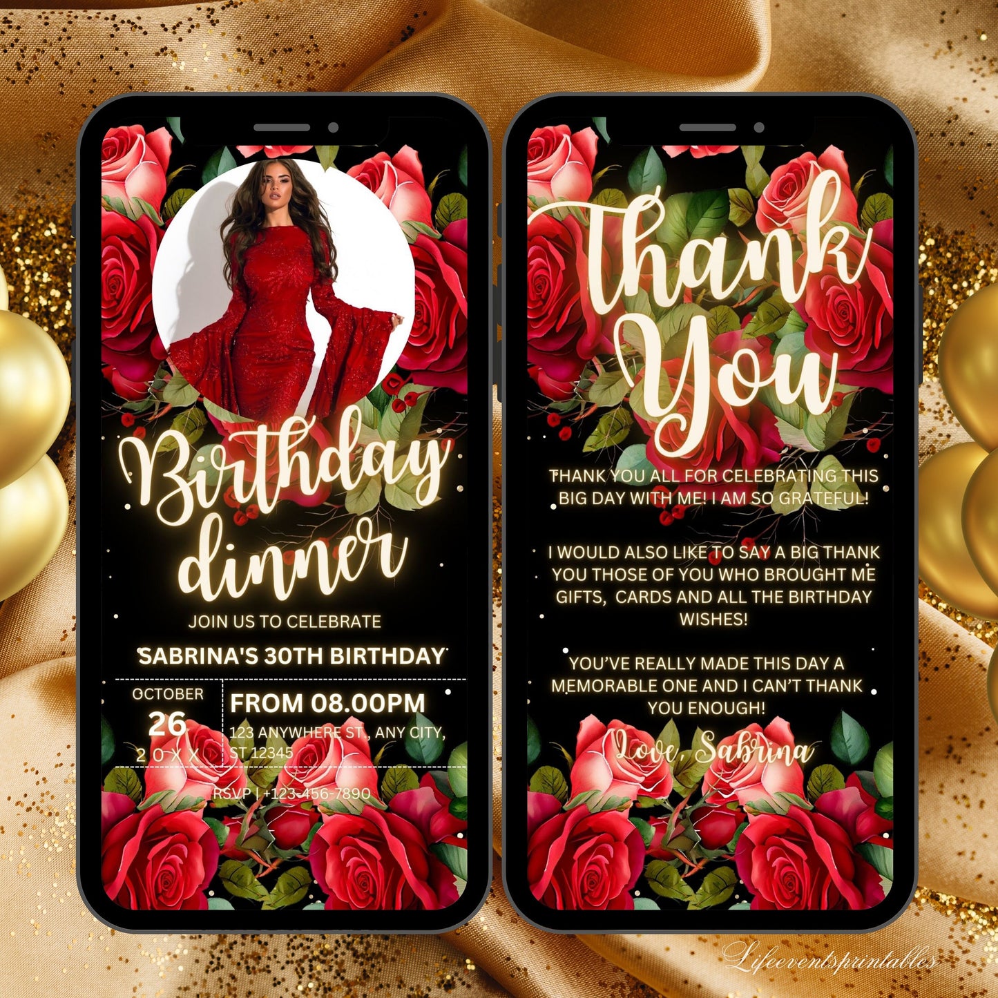 Red Floral Birthday Invitation Canva Template, Roses Neon Glittery Birthday evite, Digital Photo Birthday Invitation with red flowers