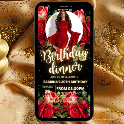 Red Floral Birthday Invitation Canva Template, Roses Neon Glittery Birthday evite, Digital Photo Birthday Invitation with red flowers