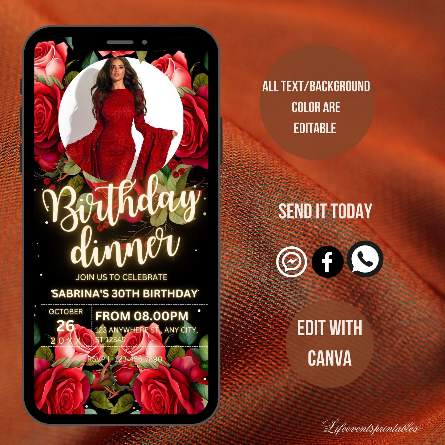 Red Floral Birthday Invitation Canva Template, Roses Neon Glittery Birthday evite, Digital Photo Birthday Invitation with red flowers