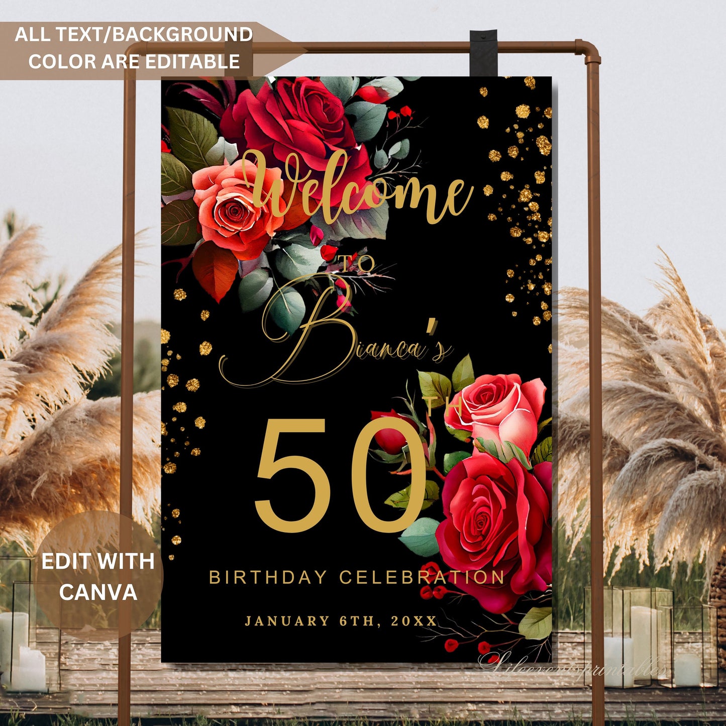 RED Floral Birthday Welcome Sign Template ANY AGE Birthday Welcome Poster with Red flowers Instant Digital Download Editable Signage decor