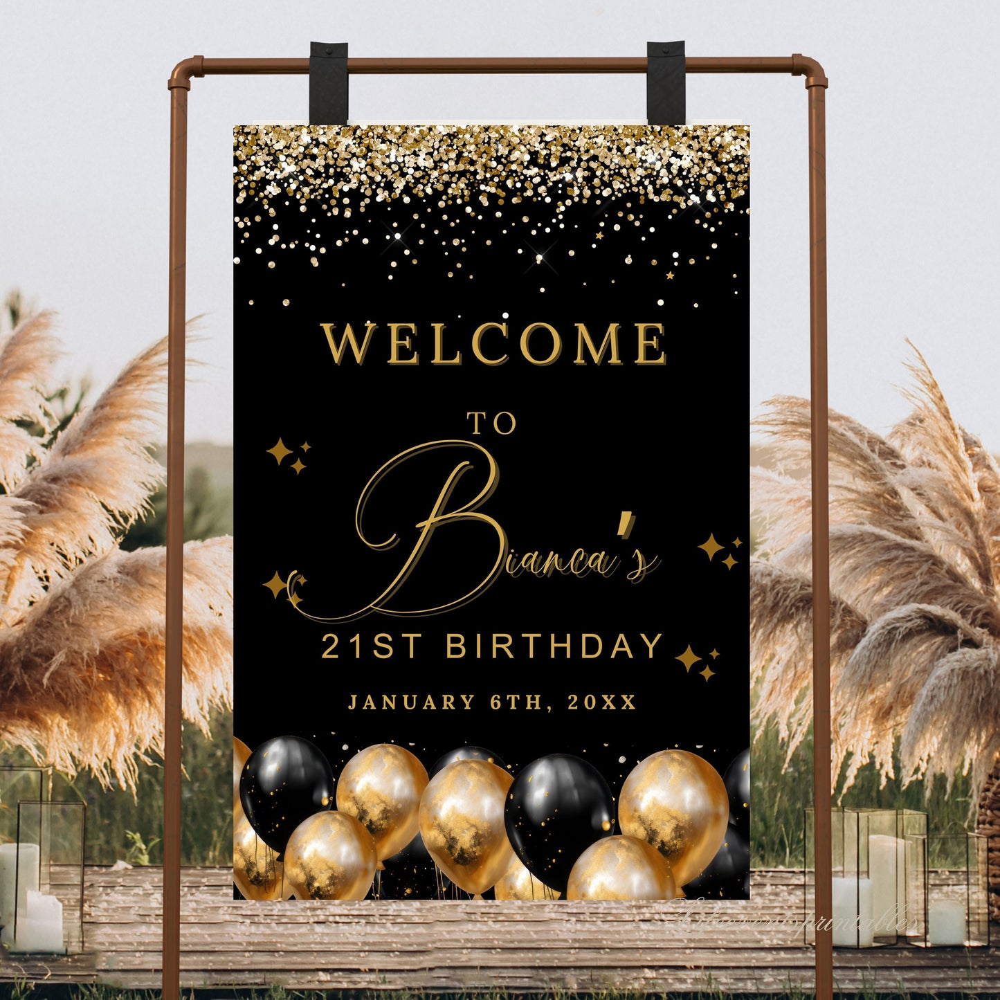 ANY AGE Birthday Welcome Sign Birthday Welcome Poster Black and Gold Glitter Sparkle Instant Digital Download Editable Welcome Signage decor