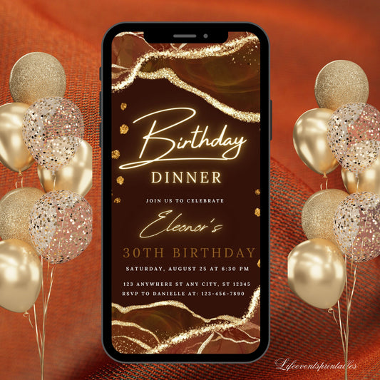 Editable AGATE Digital Birthday Invitation Template BRONZE Birthday Party Evite Any Age Electronic Neon Text Birthday ECARD Instant Download