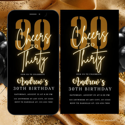 Thirty Birthday Invitation Template 30th Birthday invite, Thirtieth E-Invite Template, Text Message Black gold Digital Mobile Phone Evite