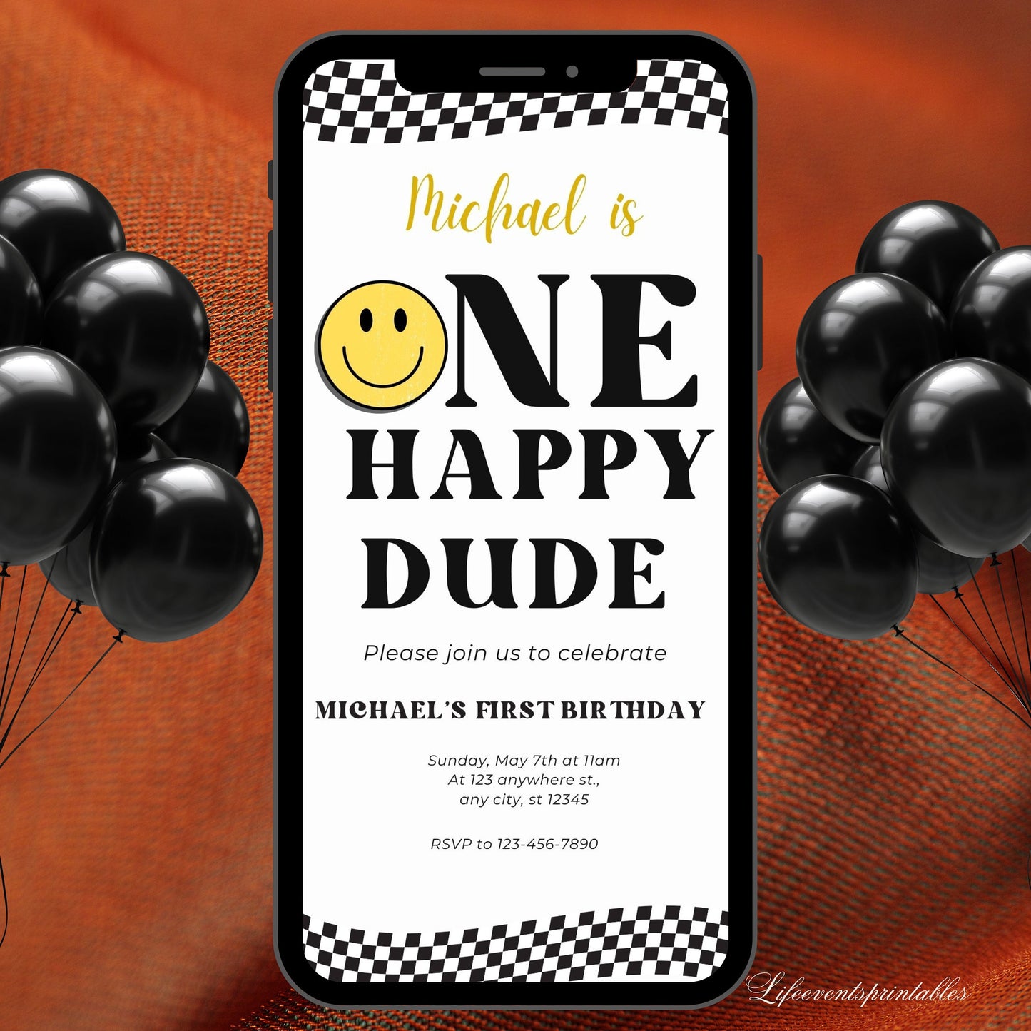 One Happy Dude Birthday Invite Template, Editable Smiley Face Birthday Invite, Digital Boy 1st Birthday evite, Lightening Bolt Smiley