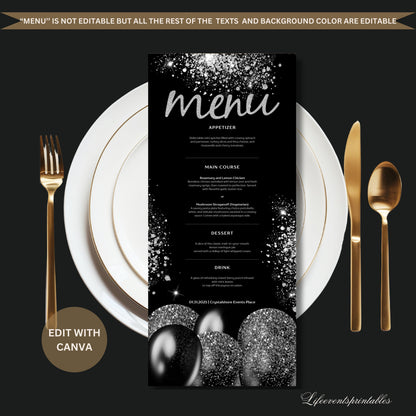 Black Balloon and Silver Menu Card Template, Editable Sparkle Menu Template, Event Template Digital Instant Digital Download Printable