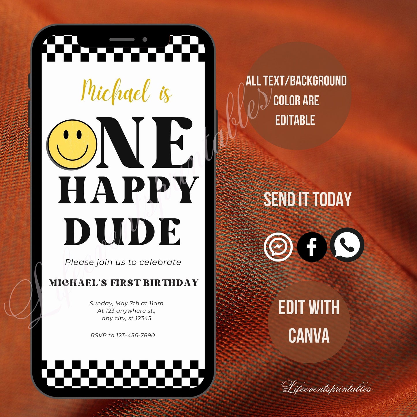 One Happy Dude Birthday Invite Template, Editable Smiley Face Birthday Invite, Digital Boy 1st Birthday evite, Lightening Bolt Smiley