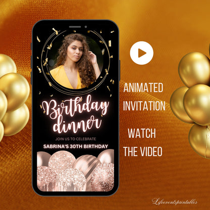 Rosegold Balloon Animated Birthday Invitation Canva Template, Video Pink Neon Glittery Birthday evite, Digital Photo Birthday Invitation