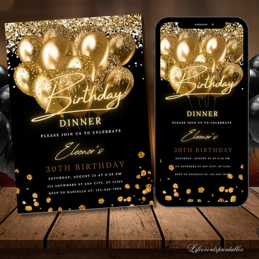 Editable Black Gold Birthday Party Invitation Template, Printable Gold Glitter Balloons Invite, Any Age Evite Phone Birthday Evite