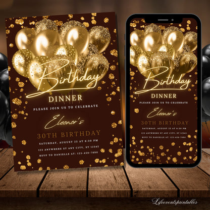 Printable Brown Gold Birthday Party Invitation, Brown Gold Glitter Editable Template, Any Age Evite Instant Download, Phone Birthday Evite