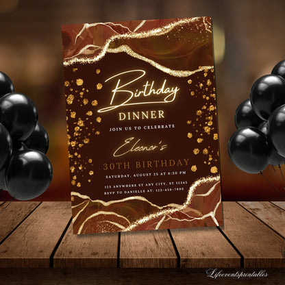 Printable AGATE Birthday Invitation Template BRONZE Birthday Party Evite Any Age Electronic Neon Text Birthday ECARD Instant Download