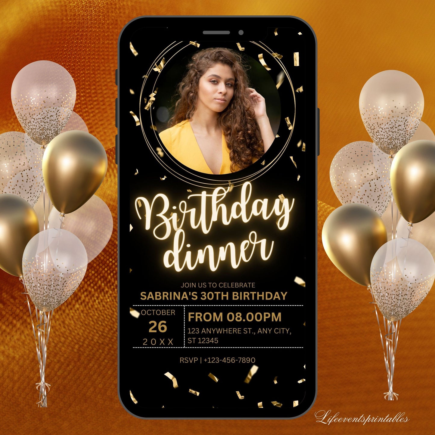 Black gold Photo Birthday Invitation Canva Template Neon Glittery Photo Birthday evite Editable Digital Birthday Invitation Instant download