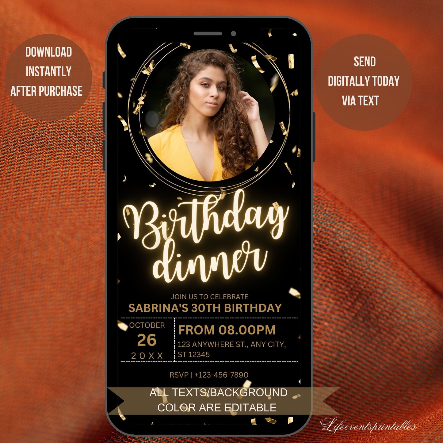 Black gold Photo Birthday Invitation Canva Template Neon Glittery Photo Birthday evite Editable Digital Birthday Invitation Instant download