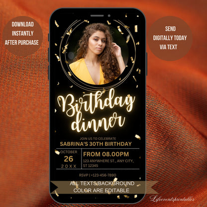 Black gold Photo Birthday Invitation Canva Template Neon Glittery Photo Birthday evite Editable Digital Birthday Invitation Instant download