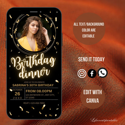 Black gold Photo Birthday Invitation Canva Template Neon Glittery Photo Birthday evite Editable Digital Birthday Invitation Instant download