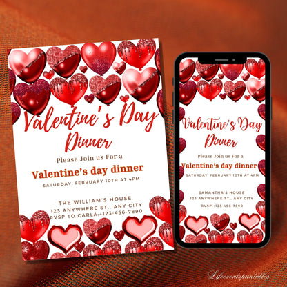 Valentines day Invitation Red and red hearts Invite Any event Valentine's day Dinner Invite Brunch party Editable Printable Download