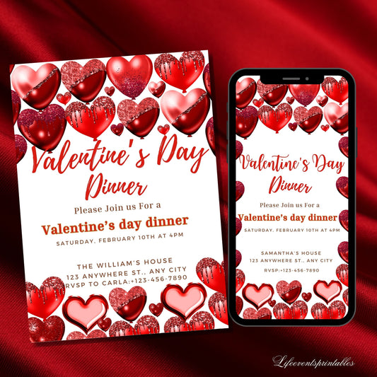 Valentines day Invitation Red and red hearts Invite Any event Valentine's day Dinner Invite Brunch party Editable Printable Download