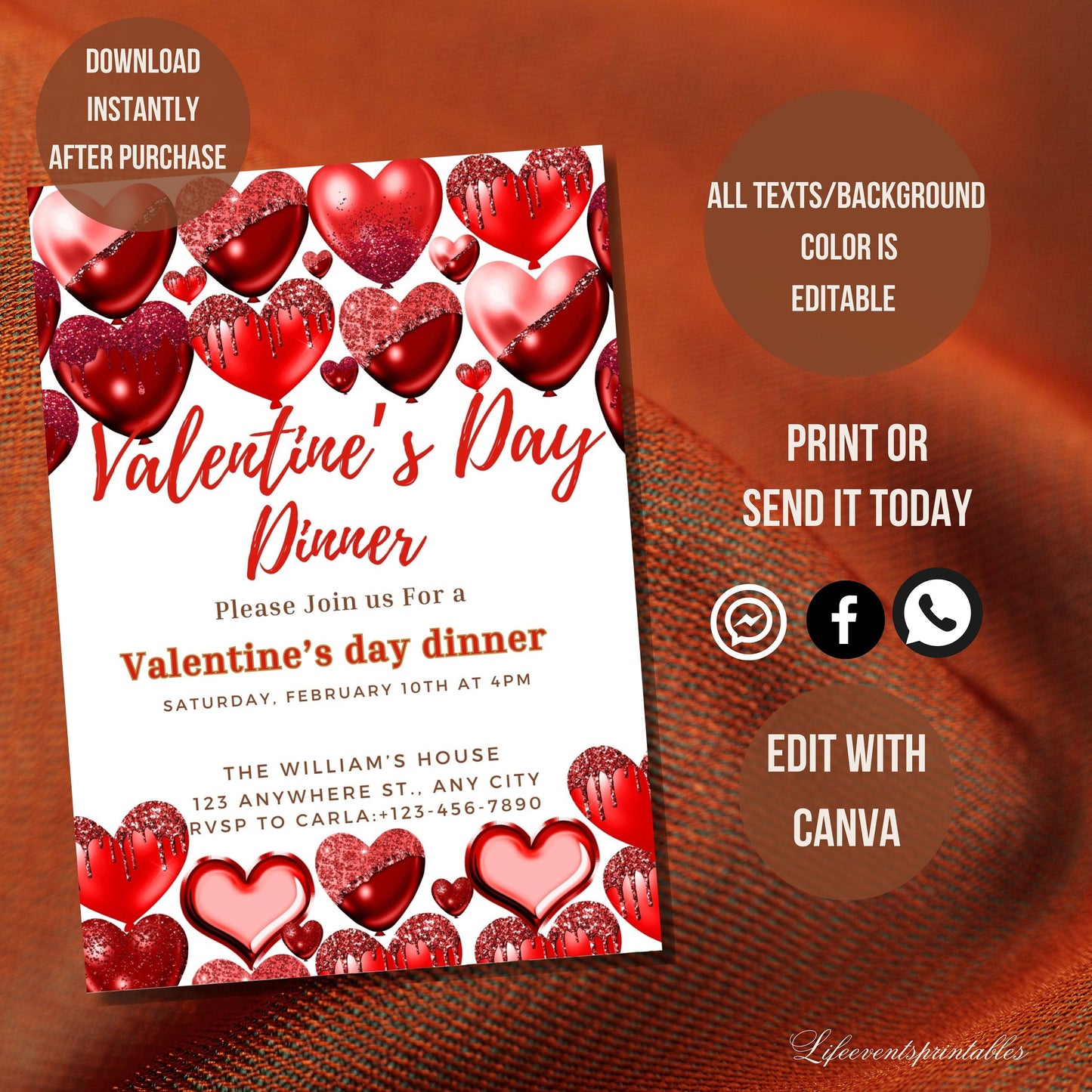 Valentines day Invitation Red and red hearts Invite Any event Valentine's day Dinner Invite Brunch party Editable Printable Download