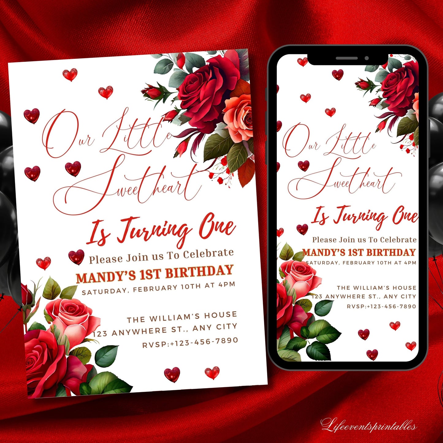 Red Hearts First Birthday Party Invitation Template, Our Little Sweetheart Is Turning One Invite, 5x7 Editable Template, Instant Download