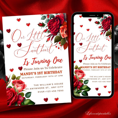 Red Hearts First Birthday Party Invitation Template, Our Little Sweetheart Is Turning One Invite, 5x7 Editable Template, Instant Download