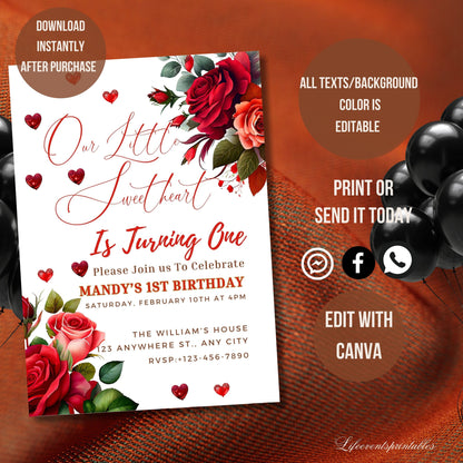 Red Hearts First Birthday Party Invitation Template, Our Little Sweetheart Is Turning One Invite, 5x7 Editable Template, Instant Download