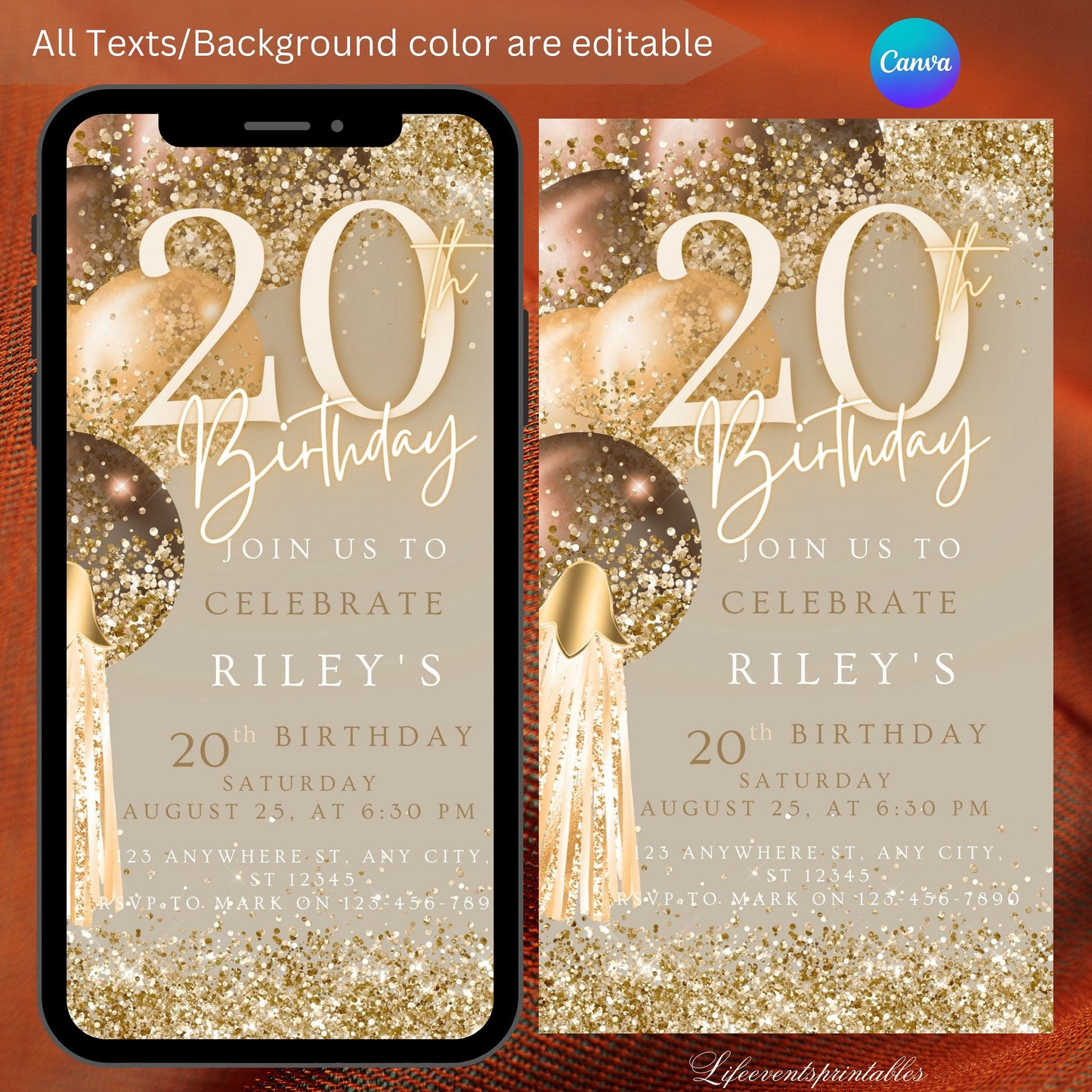 Twentieth Brown Gold Birthday Invitation, 20th Birthday Invite, E-Invite Template, Neon Glittery Text Birthday Digital Mobile Phone Evite