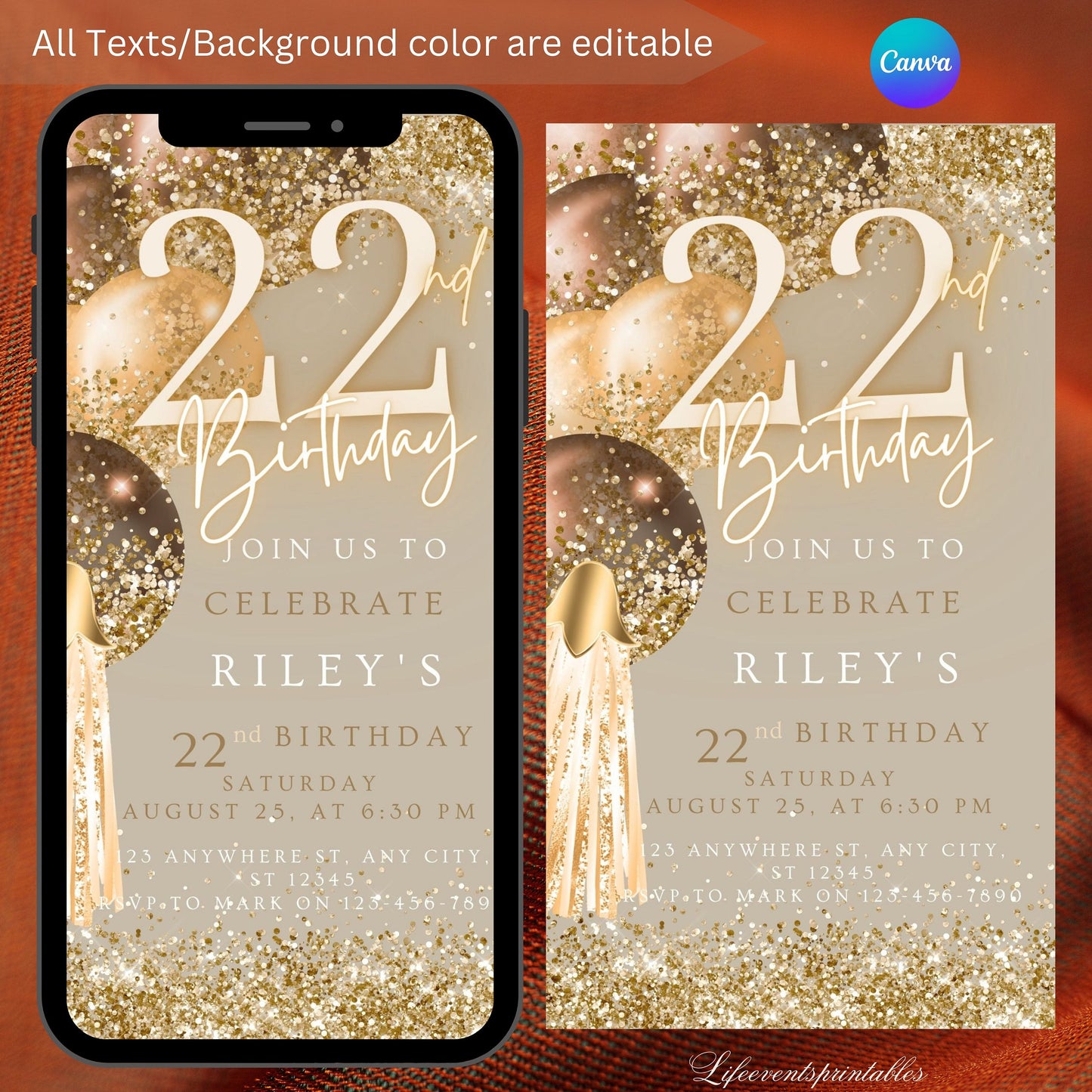 Twenty Second Brown Gold Birthday Invitation, 22nd Birthday Invite, E-vite Template, Neon Glittery Text Birthday Digital Mobile Phone Evite