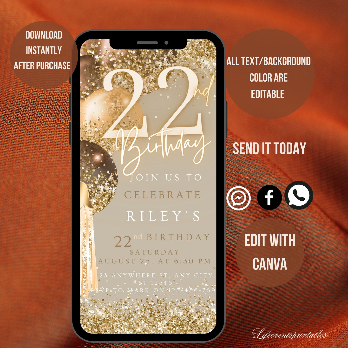 Twenty Second Brown Gold Birthday Invitation, 22nd Birthday Invite, E-vite Template, Neon Glittery Text Birthday Digital Mobile Phone Evite