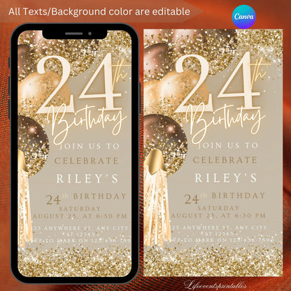 Twenty Fourth Brown Gold Birthday Invitation, 24thBirthday Invite, E-vite Template, Neon Glittery Text Birthday Digital Mobile Phone Evite