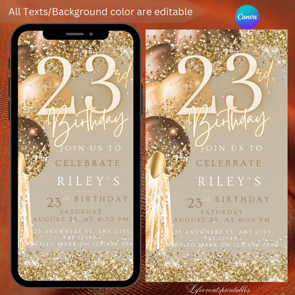 Twenty Third Brown Gold Birthday Invitation, 23rd Birthday Invite, E-vite Template, Neon Glittery Text Birthday Digital Mobile Phone Evite