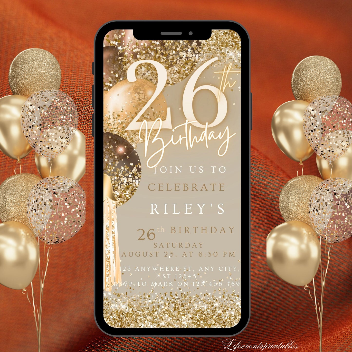 Twenty Sixth Brown Gold Birthday Invitation, 26thBirthday Invite, E-vite Template, Neon Glittery Text Birthday Digital Mobile Phone Evite