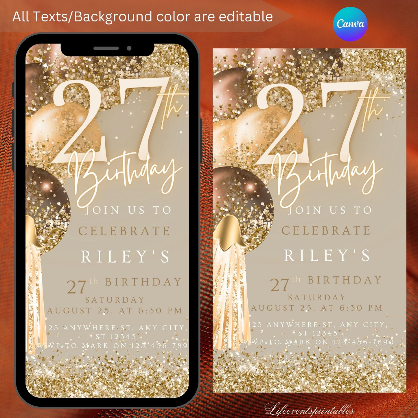 Twenty Seventh Brown Gold Birthday Invitation, 27thBirthday Invite, E-vite Template, Neon Glittery Text Birthday Digital Mobile Phone Evite