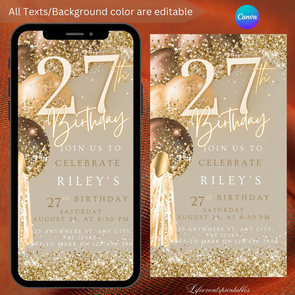 Twenty Seventh Brown Gold Birthday Invitation, 27thBirthday Invite, E-vite Template, Neon Glittery Text Birthday Digital Mobile Phone Evite