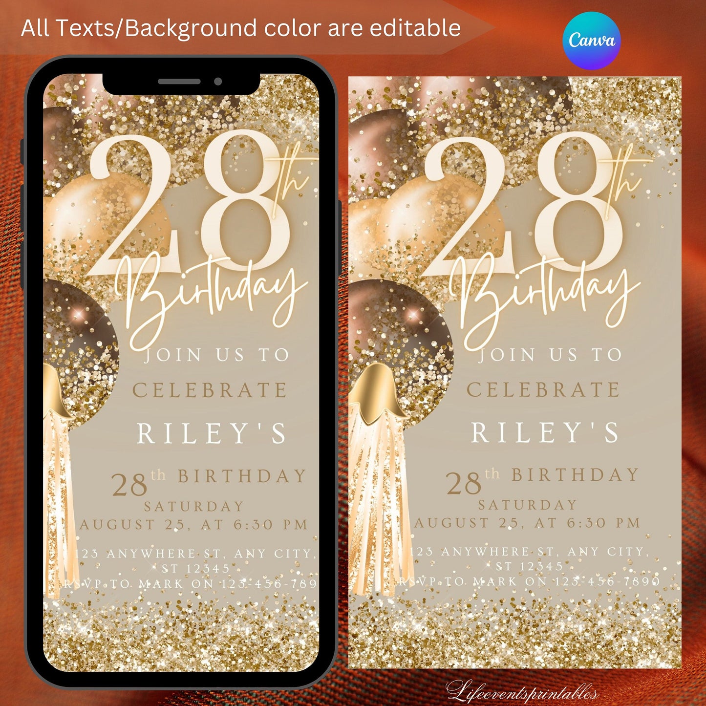 Twenty Eight Brown Gold Birthday Invitation, 28thBirthday Invite, E-vite Template, Neon Glittery Text Birthday Digital Mobile Phone Evite