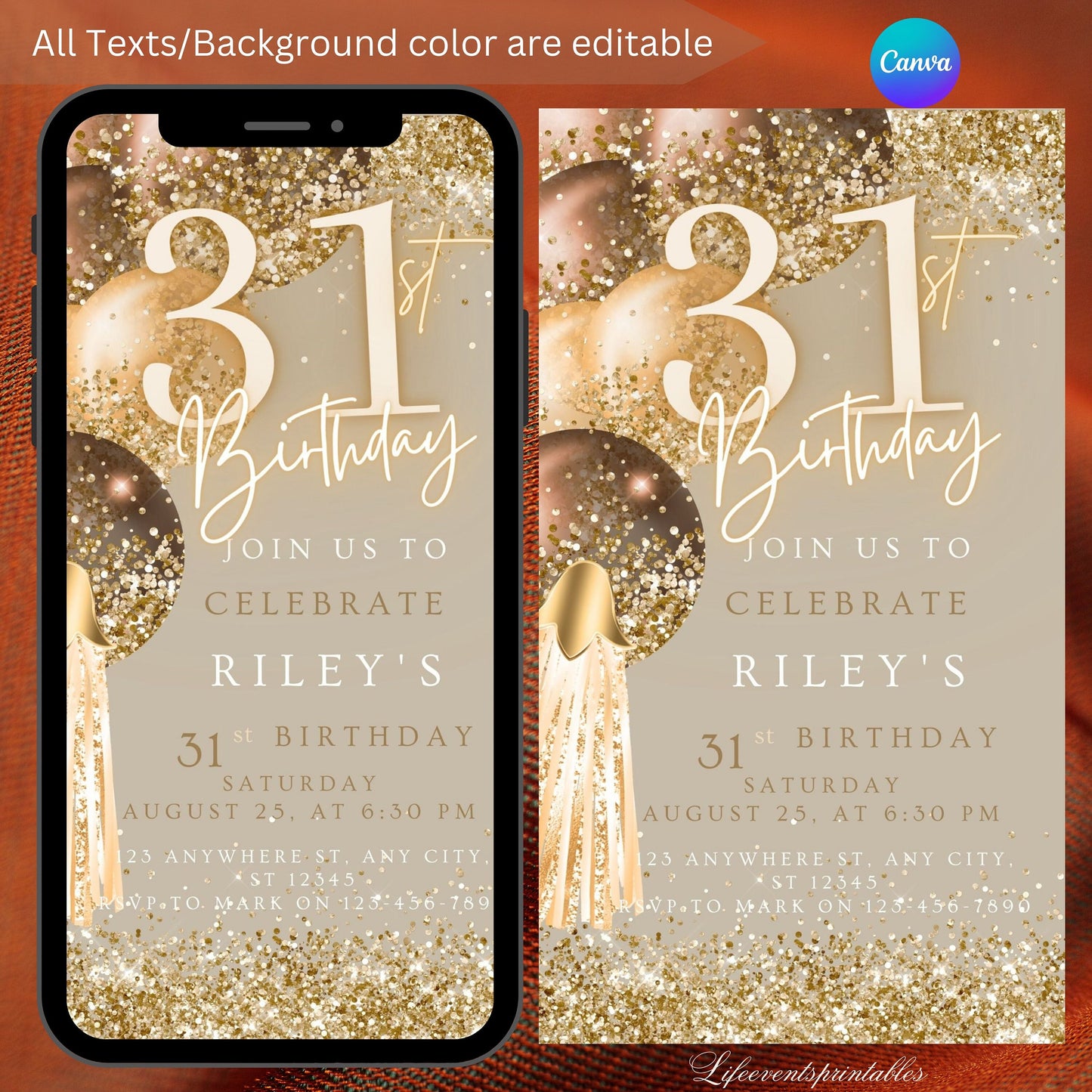 Thirty First Brown Gold Birthday Invitation, 31st Birthday Invite, E-vite Template, Neon Glittery Text Birthday Digital Mobile Phone Evite