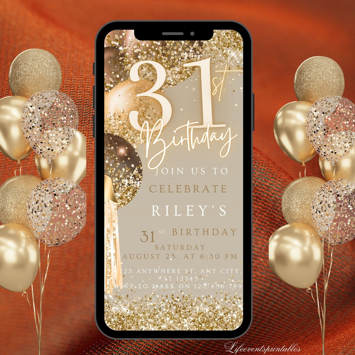 Thirty First Brown Gold Birthday Invitation, 31st Birthday Invite, E-vite Template, Neon Glittery Text Birthday Digital Mobile Phone Evite