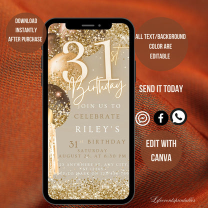 Thirty First Brown Gold Birthday Invitation, 31st Birthday Invite, E-vite Template, Neon Glittery Text Birthday Digital Mobile Phone Evite