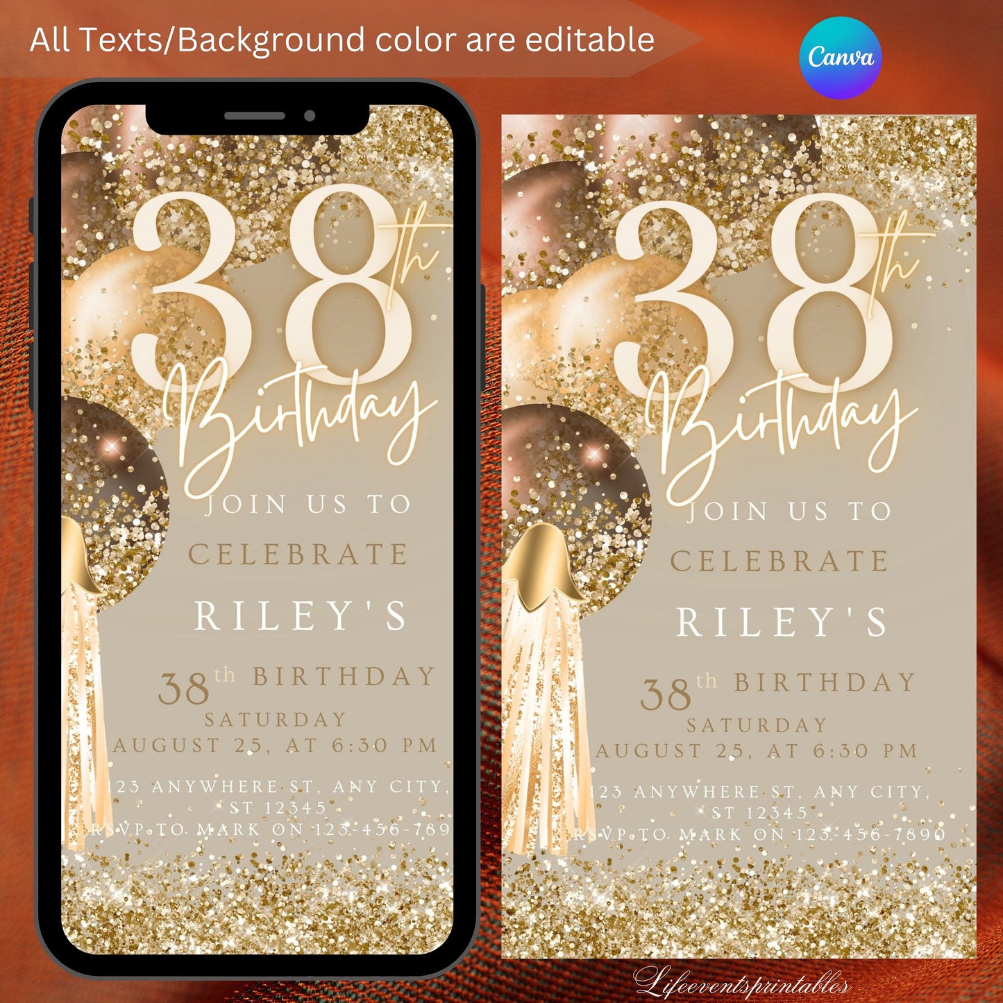 Thirty-Eighth Brown Gold Birthday Invitation, 38thBirthday Invite, E-vite Template, Neon Glittery Text Birthday Digital Mobile Phone Evite