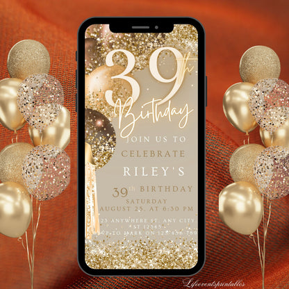 Thirty-Ninth Brown Gold Birthday Invitation, 39thBirthday Invite, E-vite Template, Neon Glittery Text Birthday Digital Mobile Phone Evite