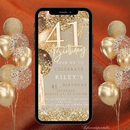 Forty-First one Brown Gold Birthday Invitation, 41st Birthday Invite E-vite Template, Neon Glittery Text Birthday Digital Mobile Phone Evite