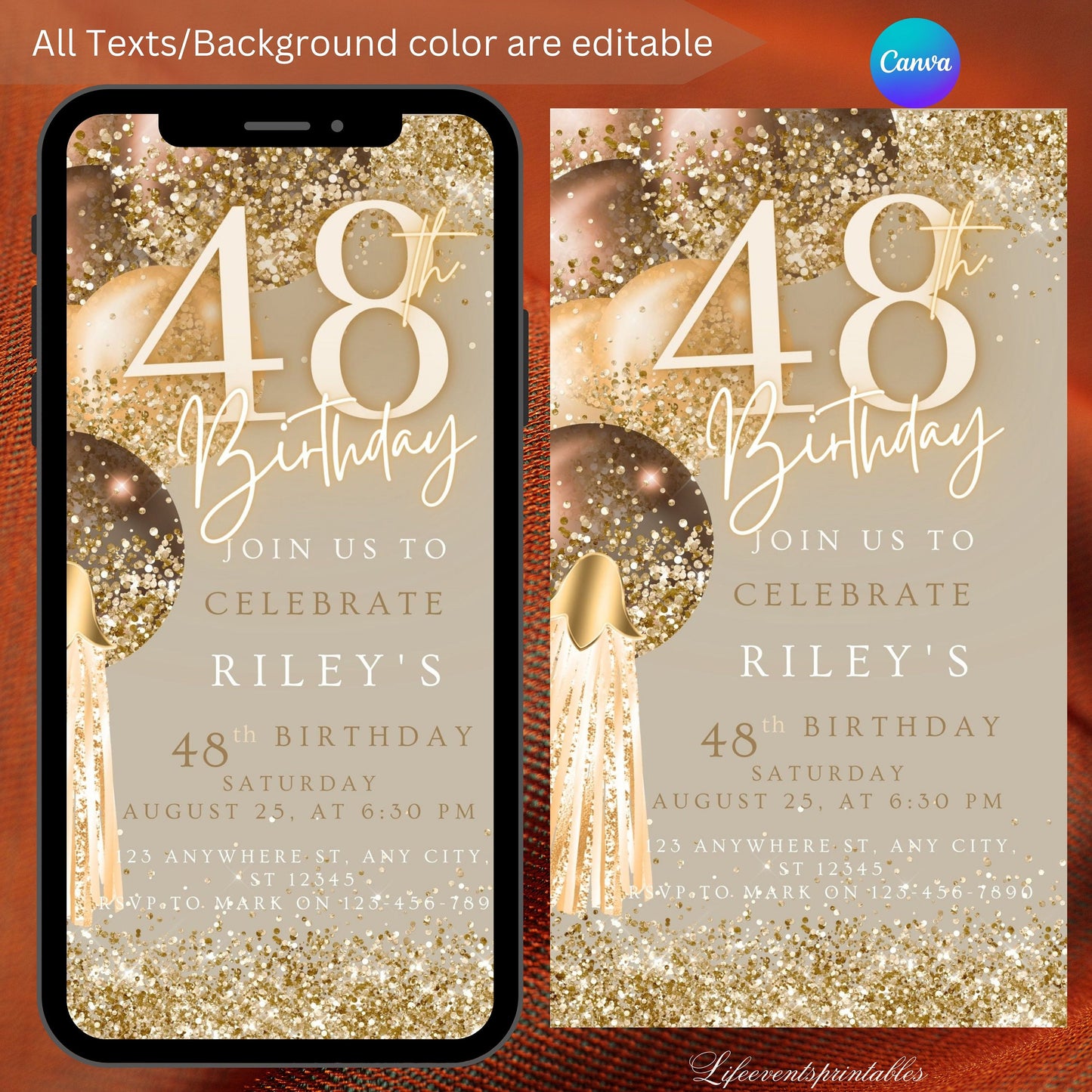 Forty Eight Brown Gold Birthday Invitation, 48th Birthday Invite, E-vite Template, Neon Glittery Text Birthday Digital Mobile Phone Evite