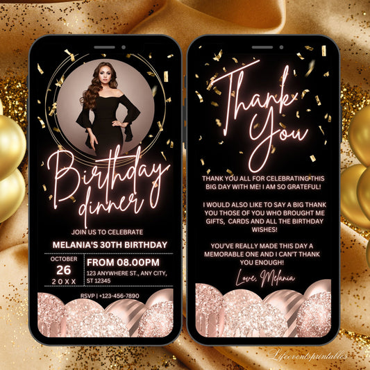 ROSEGOLD BALLOON birthday invitation Template, Neon Pink Glitter electronic evite, Digital Birthday Ecard Invite with Thank you Note