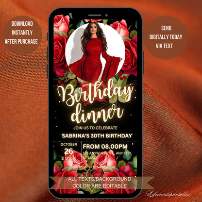 Red Floral Birthday Invitation Canva Template, Roses Neon Glittery Birthday evite, Digital Photo Birthday Invitation with red flowers