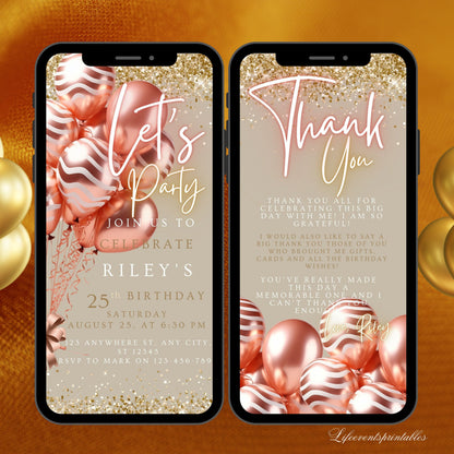 Digital Rosegold Balloon Birthday invitation template, Editable Electronic birthday text invite, Neon Phone invite with Thank You Ecard