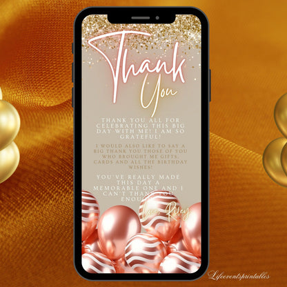 Digital Rosegold Balloon Birthday invitation template, Editable Electronic birthday text invite, Neon Phone invite with Thank You Ecard