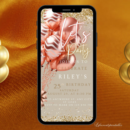 Digital Rosegold Balloon Birthday invitation template, Editable Electronic birthday text invite, Neon Phone invite with Thank You Ecard