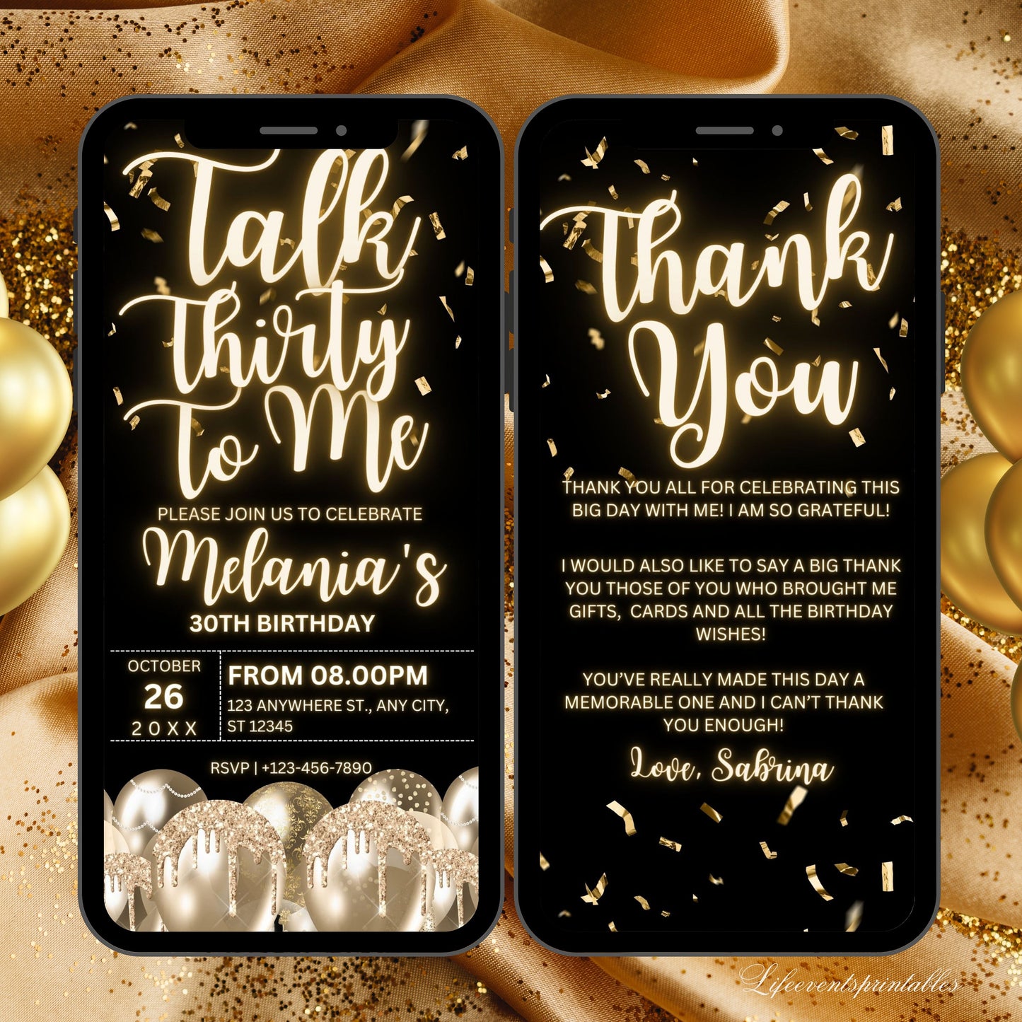 Minimal 30th birthday invitation Template, Neon Gold Glitter electronic invite,  30th Digital Ecard, Thirtieth Birthday Phone Text Message