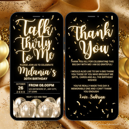 Minimal 30th birthday invitation Template, Neon Gold Glitter electronic invite,  30th Digital Ecard, Thirtieth Birthday Phone Text Message