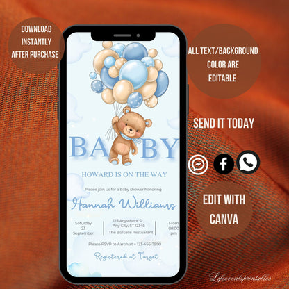 Digital Boy Baby Shower Invitation Templates, Electronic Bear Baby Shower Evite, Balloon Baby Shower Party Invitation, Instant Download