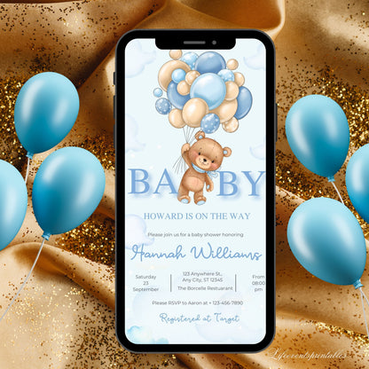 Digital Boy Baby Shower Invitation Templates, Electronic Bear Baby Shower Evite, Balloon Baby Shower Party Invitation, Instant Download