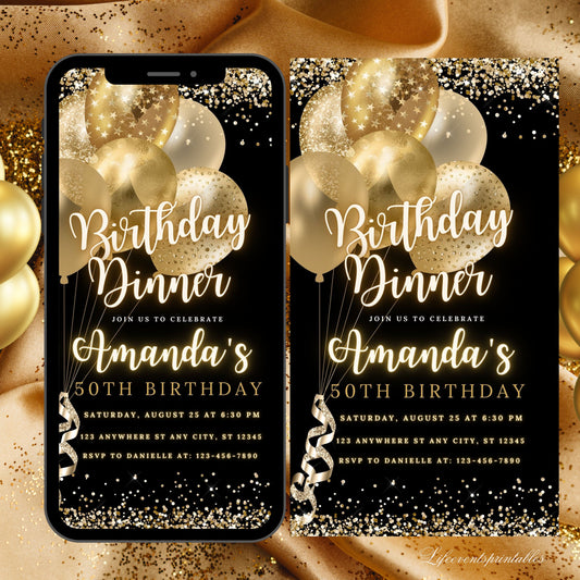 Editable Birthday Dinner Digital Invitations Template, Neon Black Gold Balloons Birthday Party Invitation, Any Age Mobile Text Evite